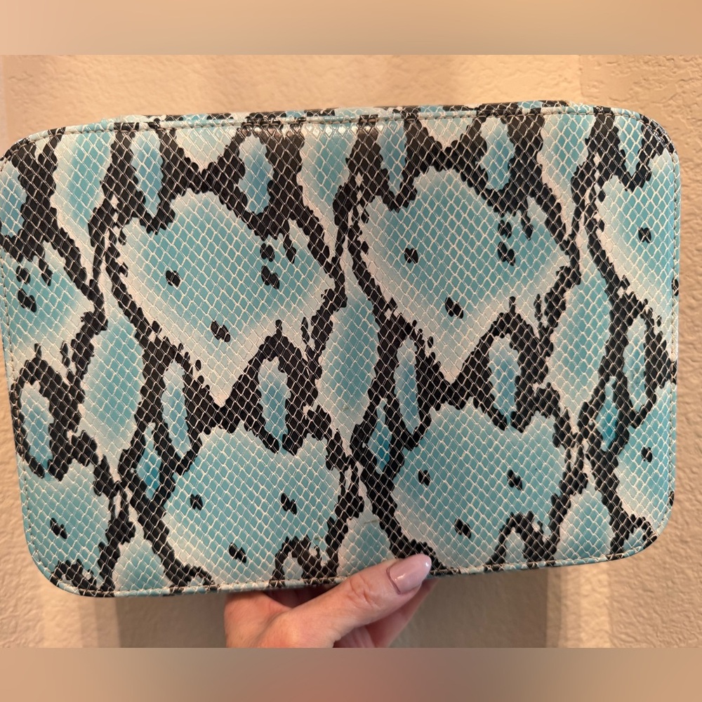 Consuela Snake-Print Blue Train Case with Tan Leather Trim - Picture 5 of 6